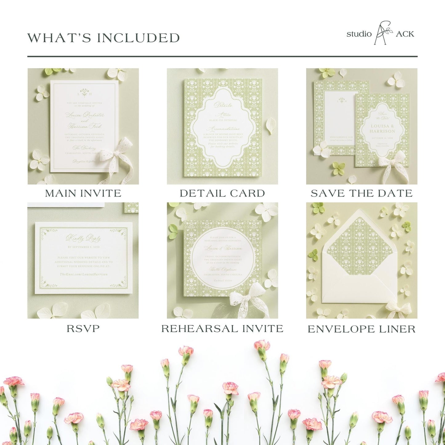 a collage of six different wedding invitation designs, each with unique floral and decorative elements. The designs include a main invitation, a detail card, a save the date card, an RSVP card, a rehearsal invite, and an envelope liner. The images showcase various styles and themes, such as a white and green color scheme, floral accents, and elegant typography.