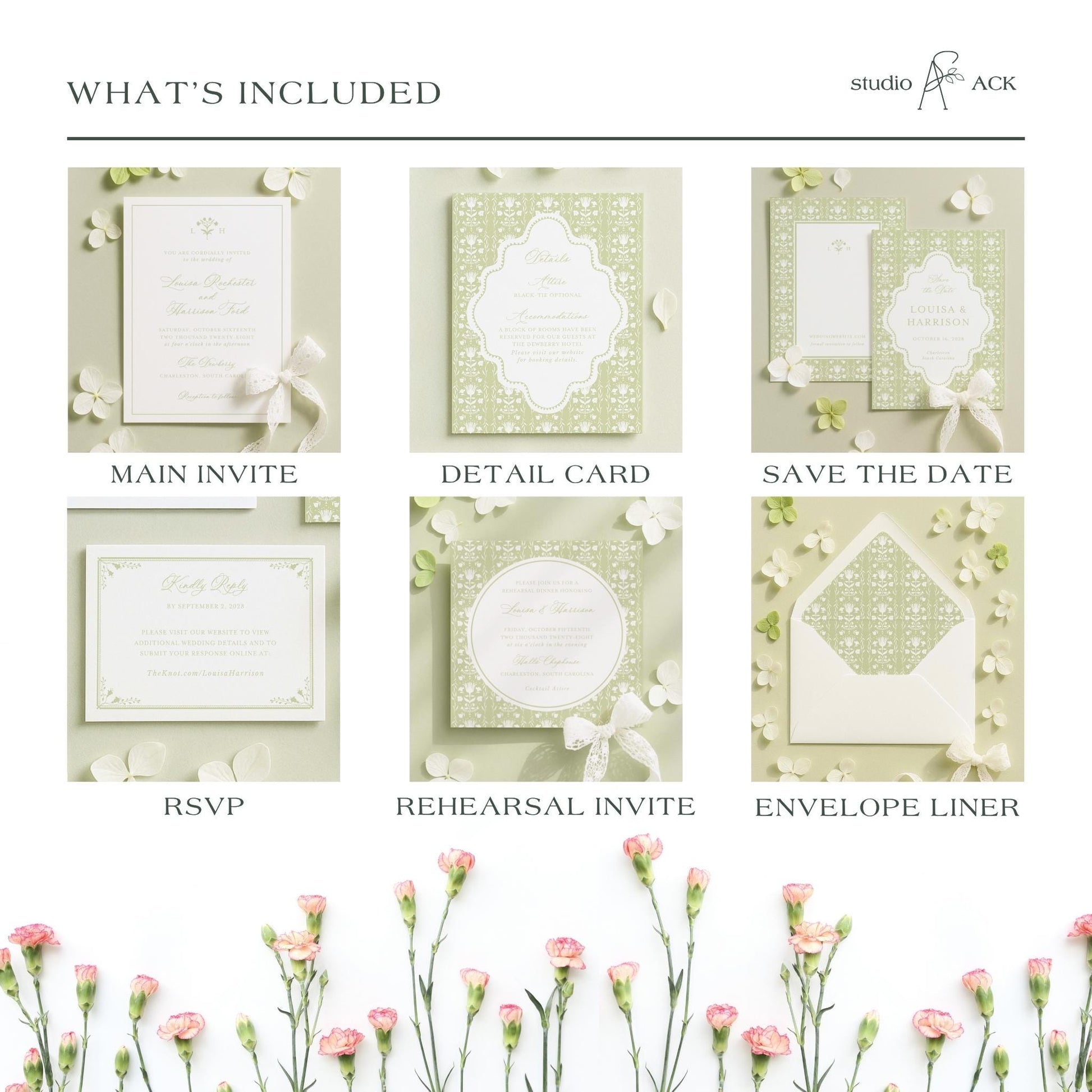 a collage of six different wedding invitation designs, each with unique floral and decorative elements. The designs include a main invitation, a detail card, a save the date card, an RSVP card, a rehearsal invite, and an envelope liner. The images showcase various styles and themes, such as a white and green color scheme, floral accents, and elegant typography.