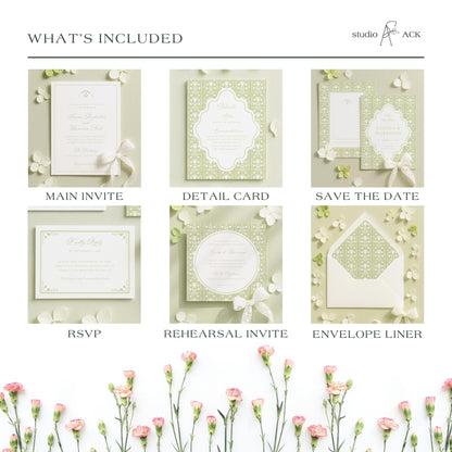a collage of six different wedding invitation designs, each with unique floral and decorative elements. The designs include a main invitation, a detail card, a save the date card, an RSVP card, a rehearsal invite, and an envelope liner. The images showcase various styles and themes, such as a white and green color scheme, floral accents, and elegant typography.