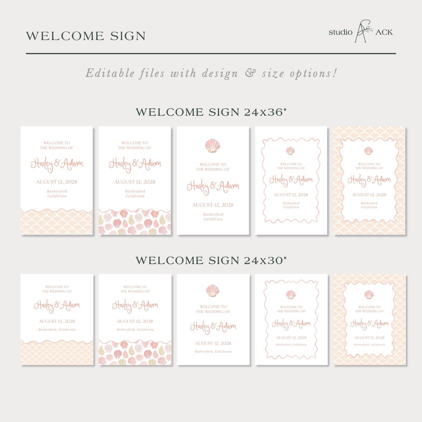 a series of wedding welcome signs with different designs and sizes, including a 24x36" sign and a 24x30" sign. The signs feature the names of the couple, the date of their wedding, and the location of the wedding ceremony. The text on the signs is clear and easy to read, providing a welcoming message for the guests.