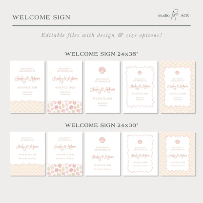 a series of wedding welcome signs with different designs and sizes, including a 24x36" sign and a 24x30" sign. The signs feature the names of the couple, the date of their wedding, and the location of the wedding ceremony. The text on the signs is clear and easy to read, providing a welcoming message for the guests.