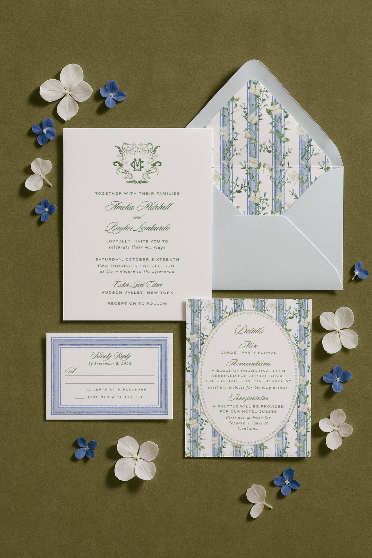 Blue, White & Green Wedding Invitation Suite Template