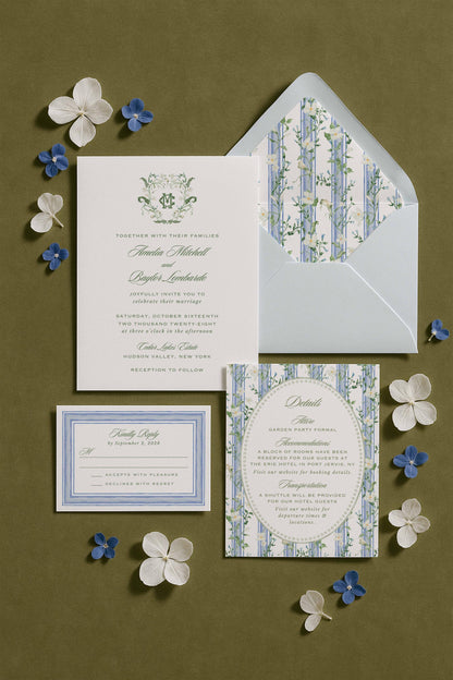 Blue, White & Green Wedding Invitation Suite Template