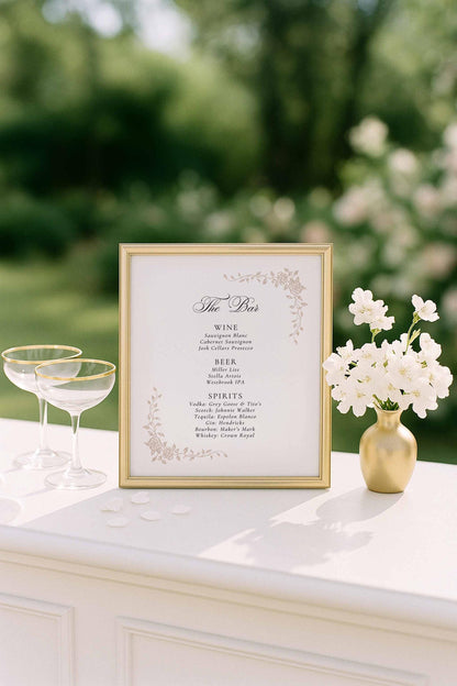 Neutral Floral Line Art Wedding Bar Menu Template