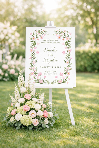a white wedding sign with a floral border, standing on a grassy lawn with a flower arrangement in front of it.