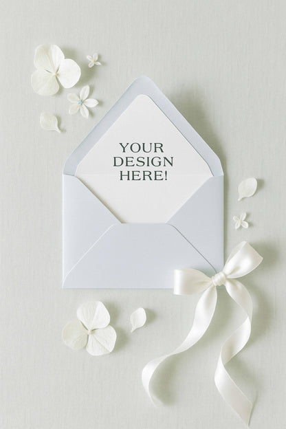 a white envelope with a bow and flowers surrounding it, along with a blank space for a message or design.