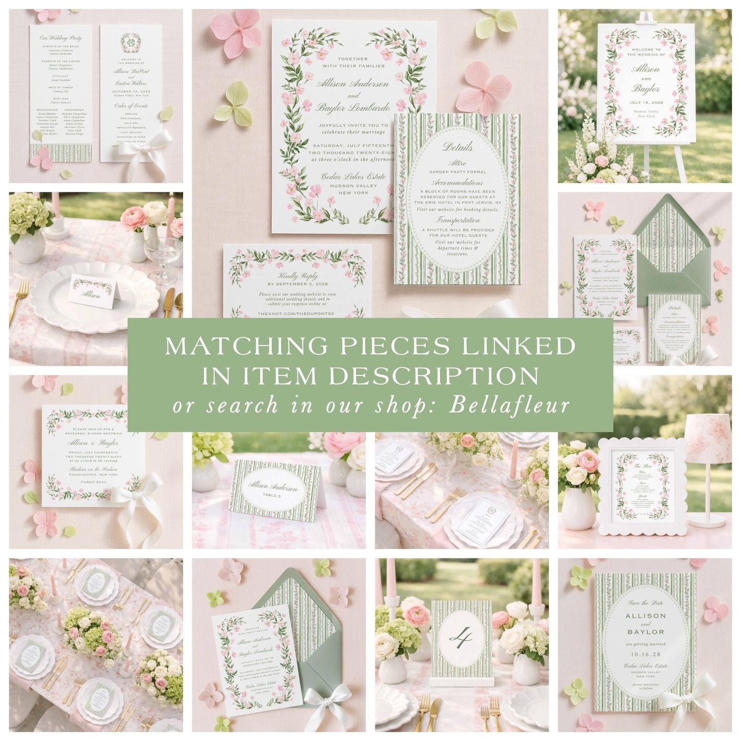 The image is a collage of various wedding-related items, including invitations, stationery, floral arrangements, and other decorative elements, all featuring a matching color scheme of pink and green.