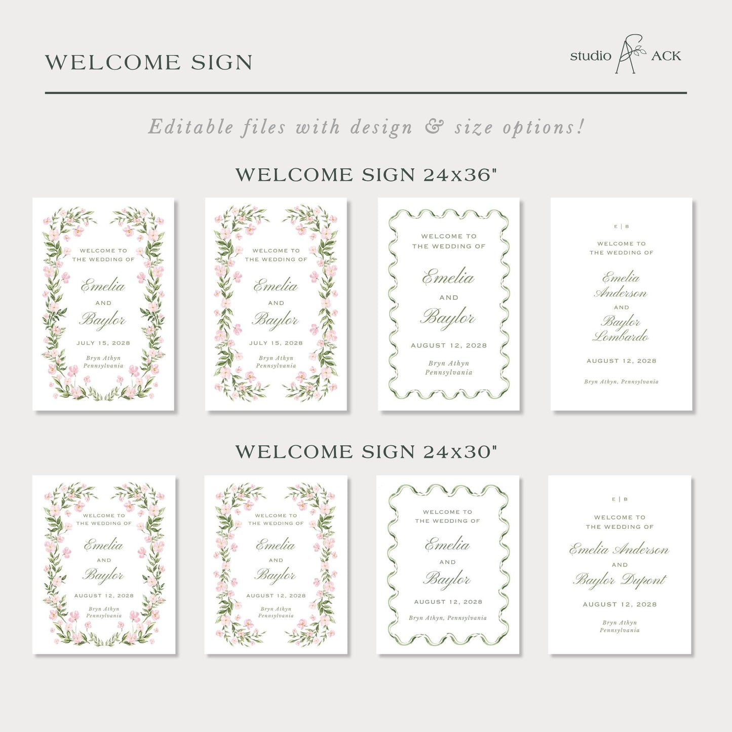 a collection of wedding invitation cards with different designs and sizes, including a 24x36" and 24x30" version. The cards feature floral borders and text welcoming the bride and groom to the wedding of Emilia and Amalia Bayler.