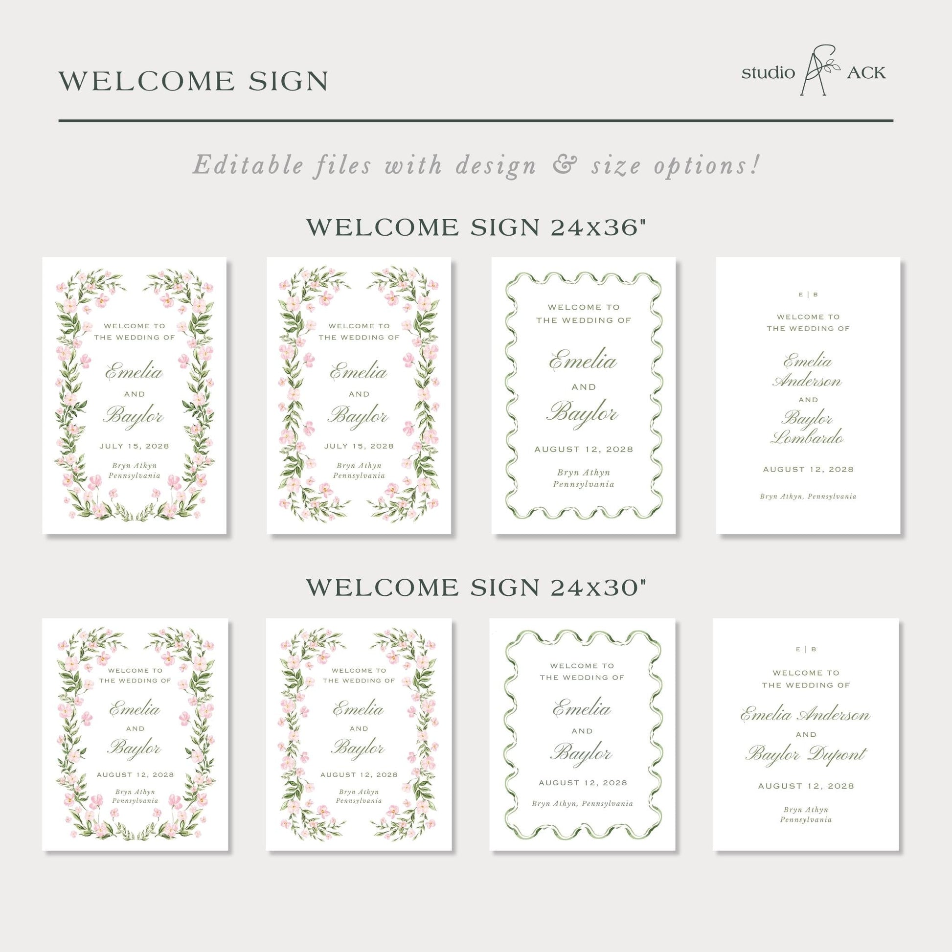 a collection of wedding invitation cards with different designs and sizes, including a 24x36" and 24x30" version. The cards feature floral borders and text welcoming the bride and groom to the wedding of Emilia and Amalia Bayler.