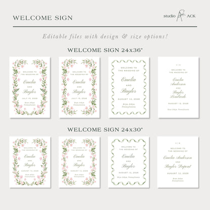 a collection of wedding invitation cards with different designs and sizes, including a 24x36" and 24x30" version. The cards feature floral borders and text welcoming the bride and groom to the wedding of Emilia and Amalia Bayler.