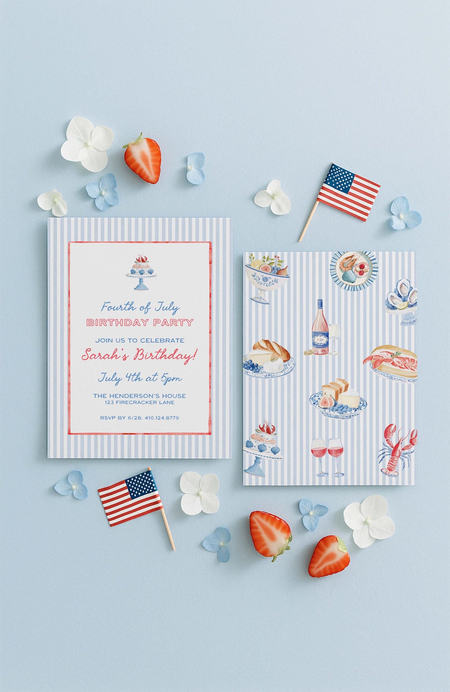 Fourth of July Birthday Invitation Template, Coastal Red White & Blue Preppy Watercolor, Summer Party Invite for Adult Birthdays, Americana
