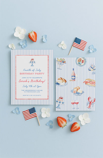 Fourth of July Birthday Invitation Template, Coastal Red White & Blue Preppy Watercolor, Summer Party Invite for Adult Birthdays, Americana