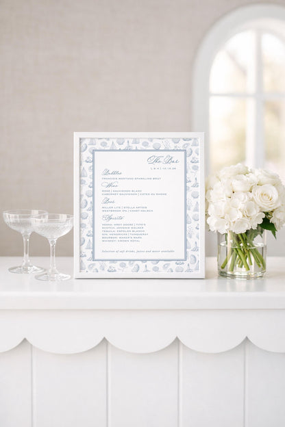 Coastal Toile Wedding Bar Menu Template