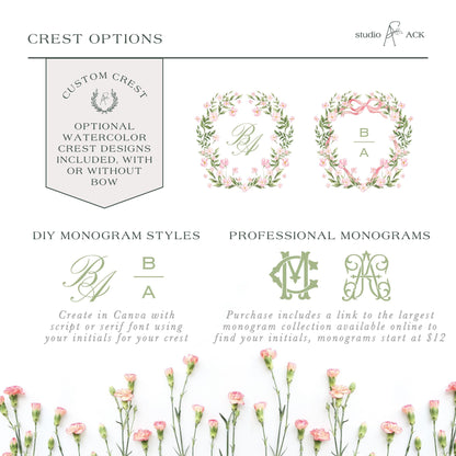 The image is a collage of three different crest options, each with a unique design and style. The crest options include custom crests, DIY monogram styles, and professional monograms. The crest options are presented in a visually appealing manner, with the use of flowers and greenery to enhance the overall aesthetic.