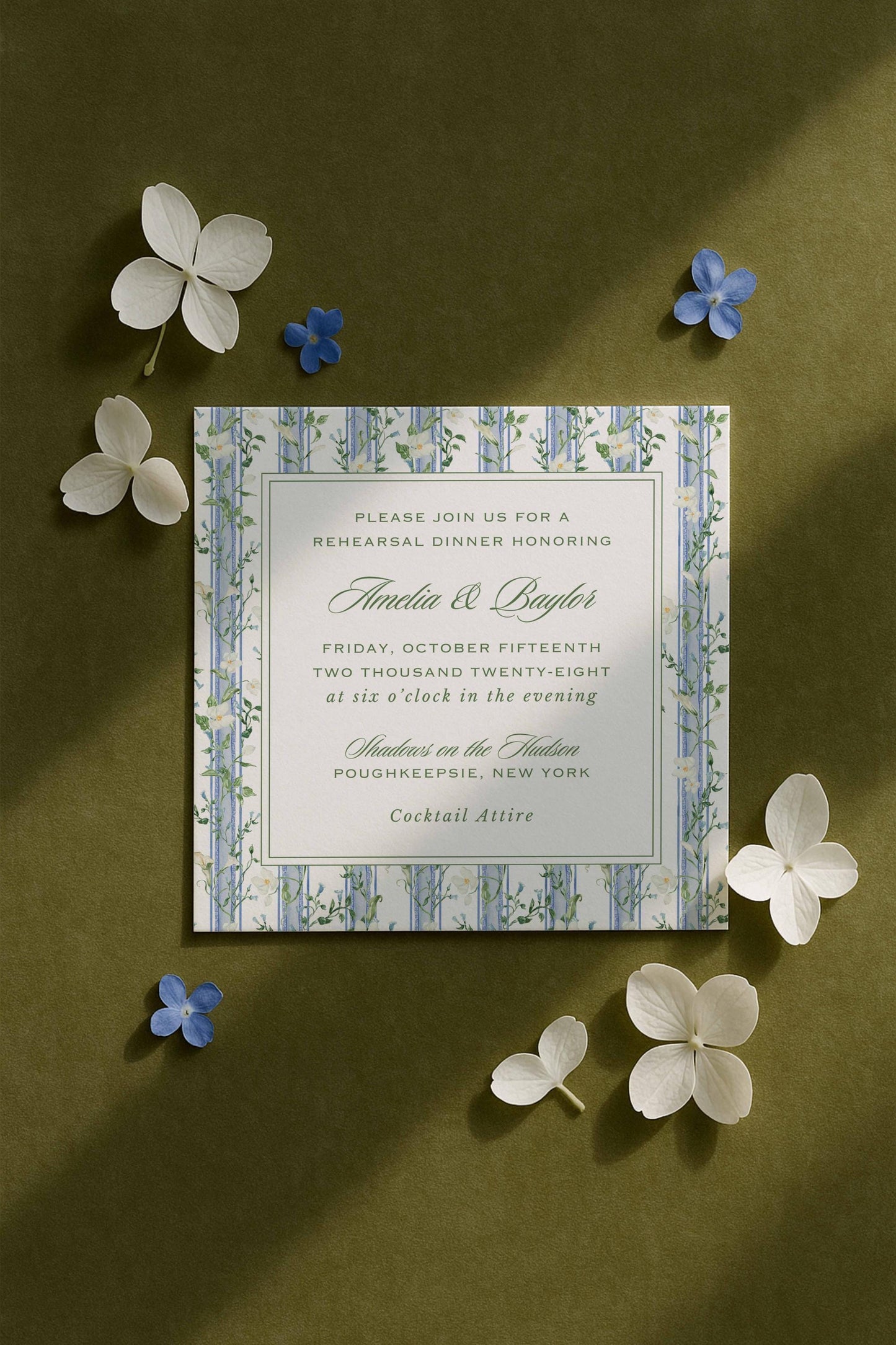 Blue, White & Green Rehearsal Dinner Invitation
