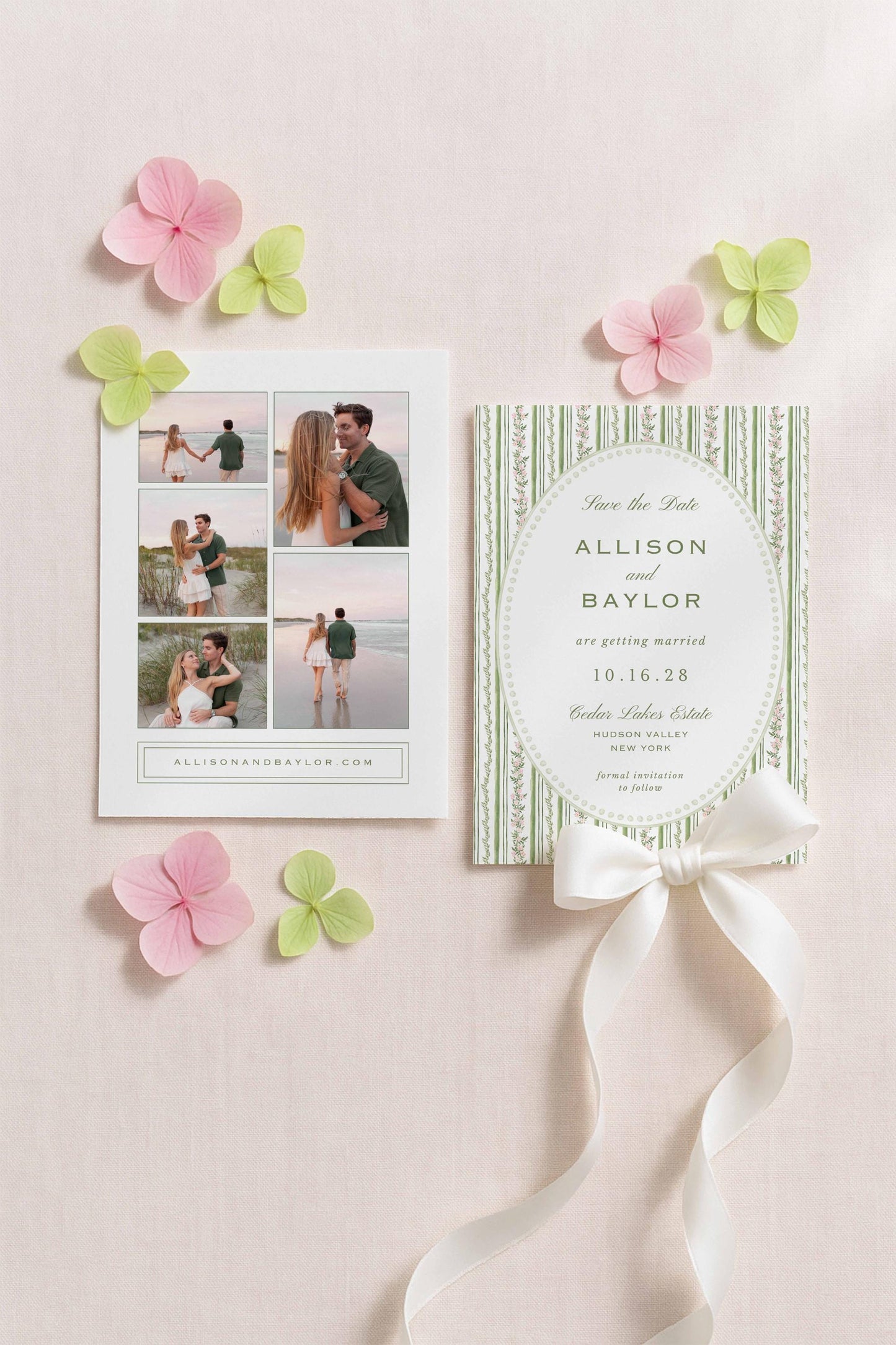 a wedding invitation card and a collage of photos depicting a couple, along with pink and green flowers.