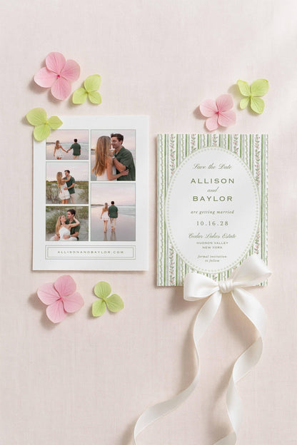 a wedding invitation card and a collage of photos depicting a couple, along with pink and green flowers.