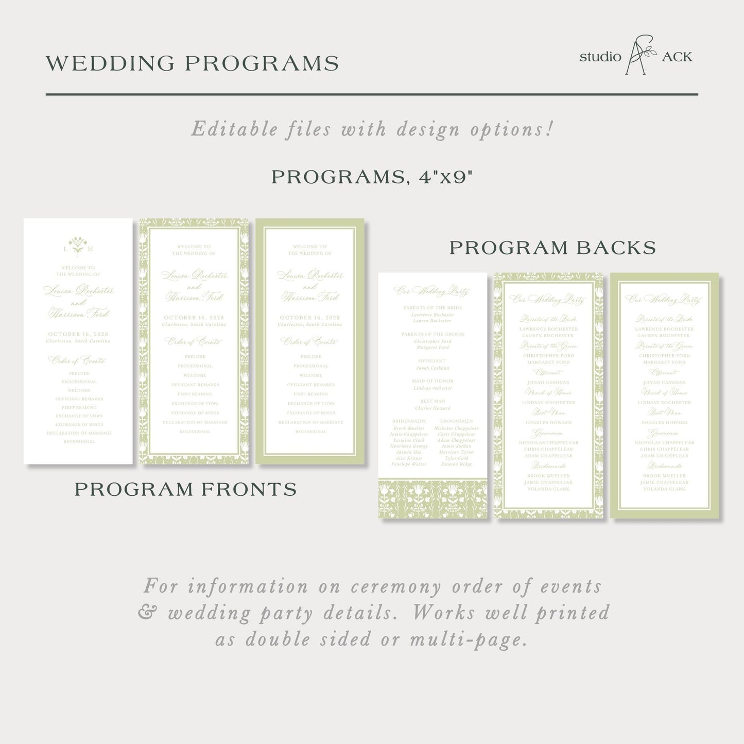 a collection of wedding programs, including program backs and program fronts, with design options and information on ceremony order of events and wedding party details.