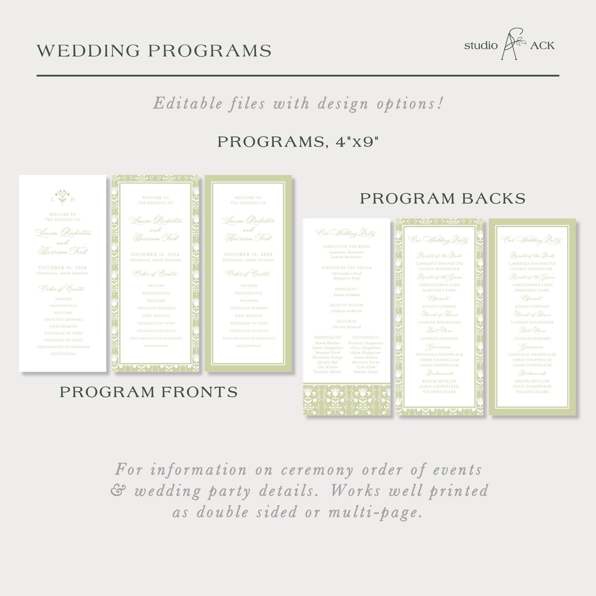 a collection of wedding programs, including program backs and program fronts, with design options and information on ceremony order of events and wedding party details.