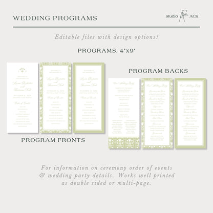 a collection of wedding programs, including program backs and program fronts, with design options and information on ceremony order of events and wedding party details.