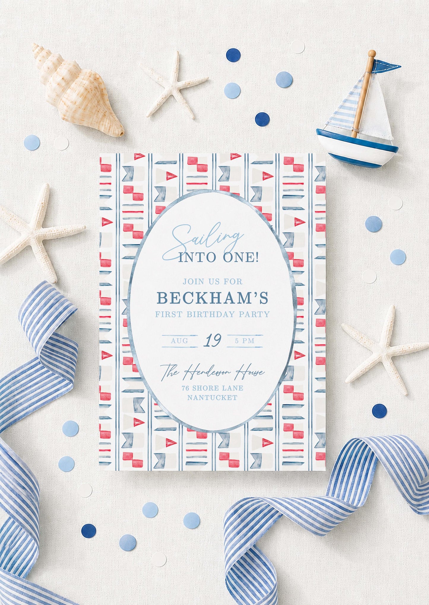 First Birthday Invite Template, Nautical Sailing Into One Boy 1st Birthday Party, Baby Boy Nautical Theme, Hand Painted Watercolor Sailboat