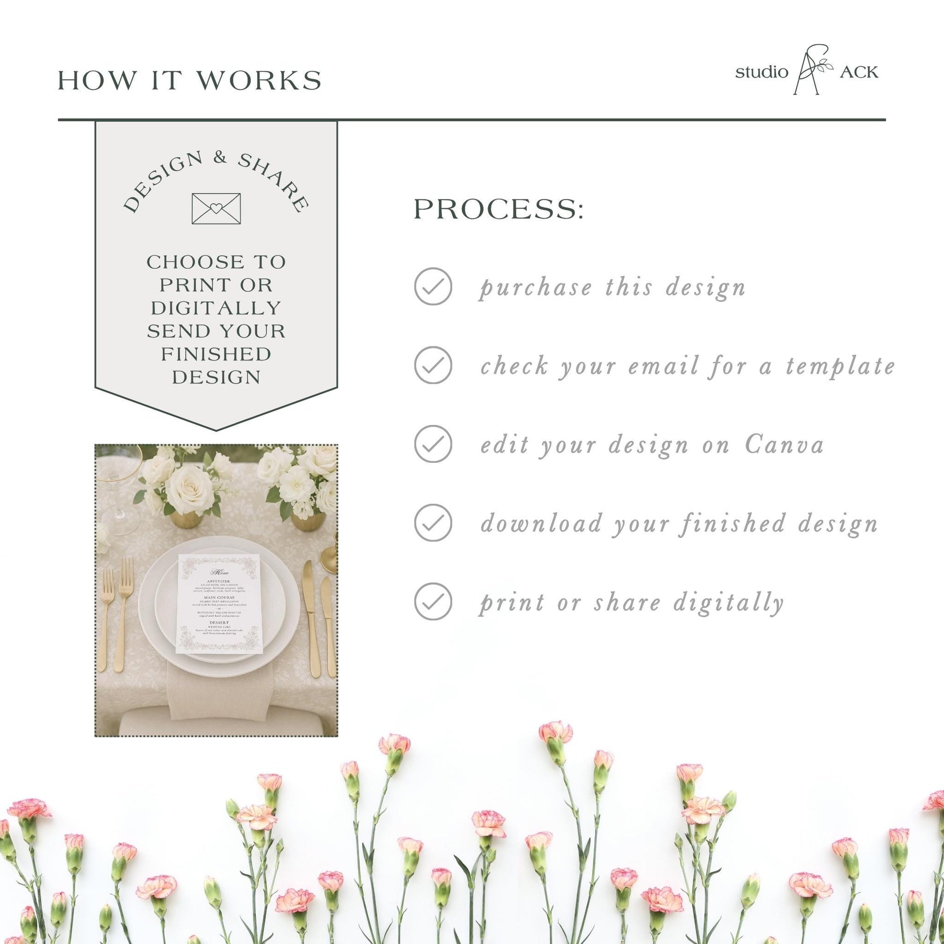 The image is a collage of two images. The top image shows a table setting with a white plate, goldware, and a floral centerpiece. The bottom image features a bouquet of pink and white flowers. The collage does not contain any text.