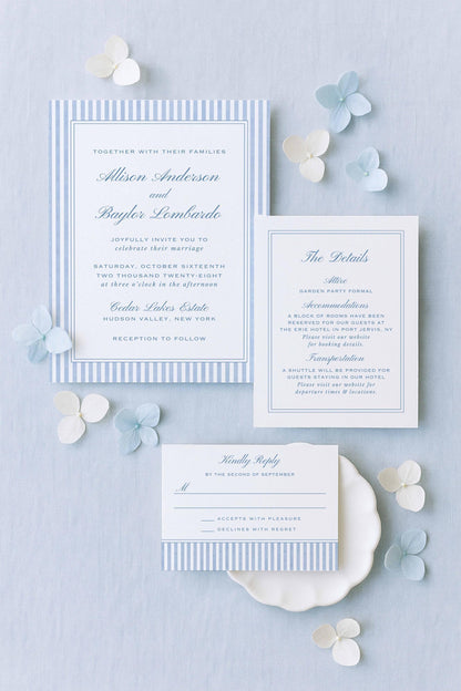 Blue Striped Wedding Invitation Suite Template