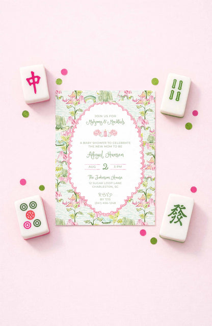 Mahjong Baby Shower Invitation Digital Template Customizable Design Scalloped Border Pink Chinoiserie Pattern Editable Announcement Expectant Mother Celebration Elegant Party Theme Instant Download Multiple Color Options Back Pattern