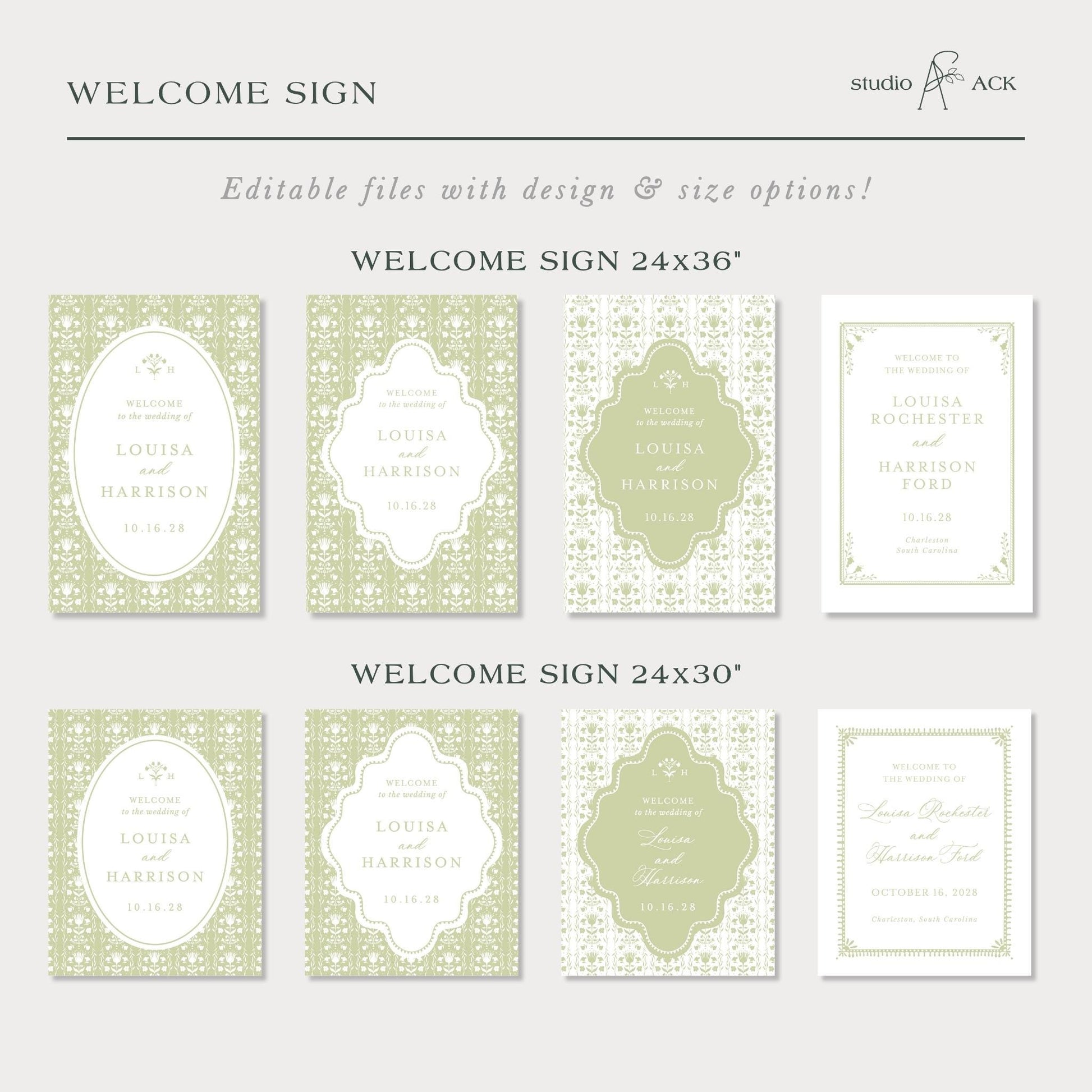 a collection of wedding invitation cards with various designs and sizes, including 24x36 inches and 24x30 inches. The cards feature the names of the bride and groom, Louisa and Harrison, along with details about the wedding ceremony and reception.