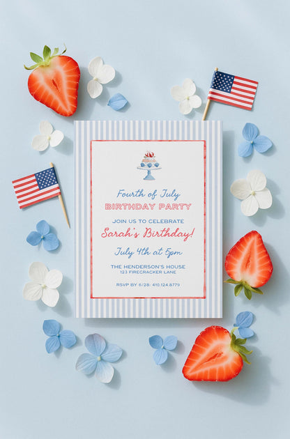 Fourth of July Birthday Invitation Template, Coastal Red White & Blue Preppy Watercolor, Summer Party Invite for Adult Birthdays, Americana