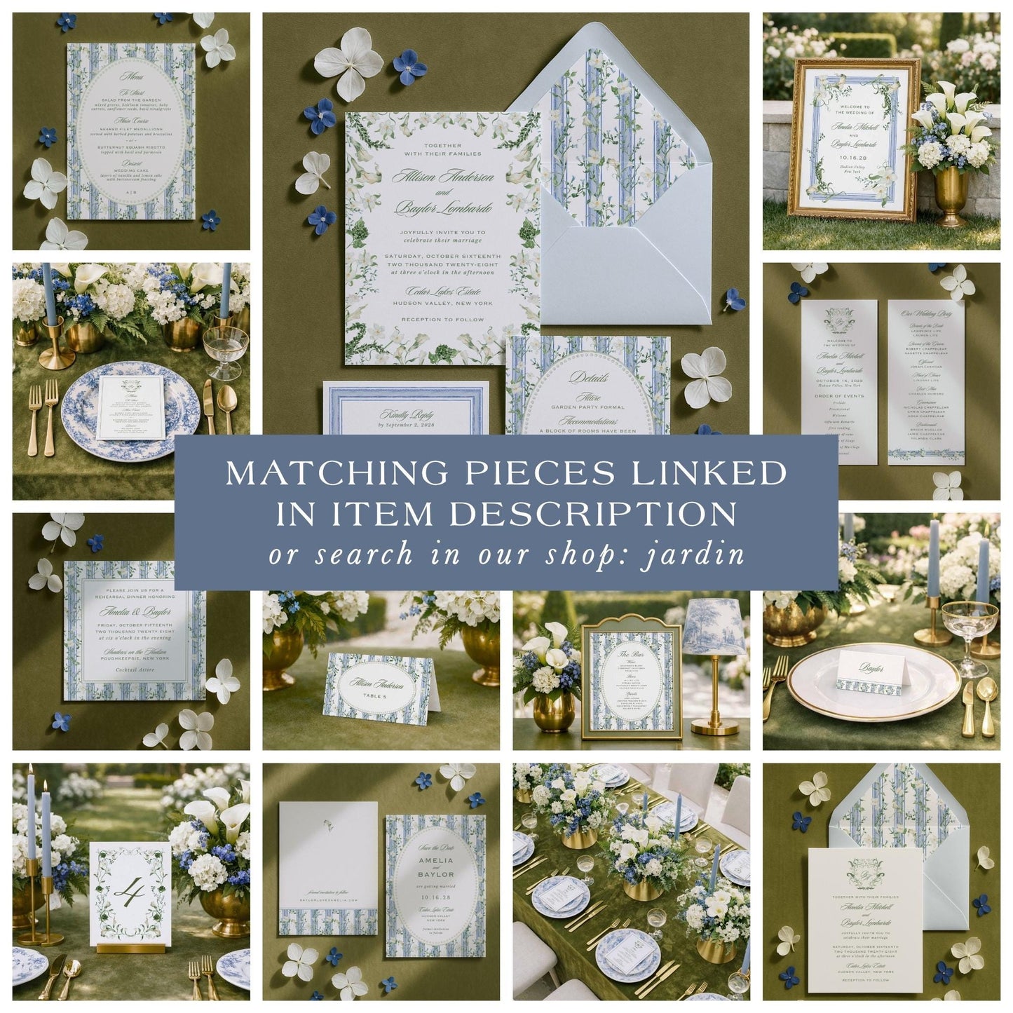 The image is a collage of various wedding-related items, including invitations, place settings, floral arrangements, and other decorative elements, all set against a green background.