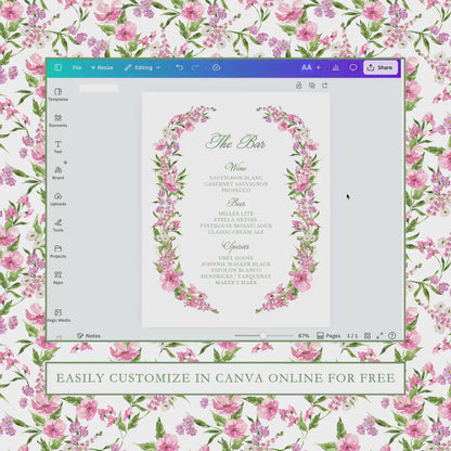 Purple Floral Wedding Bar Menu Template