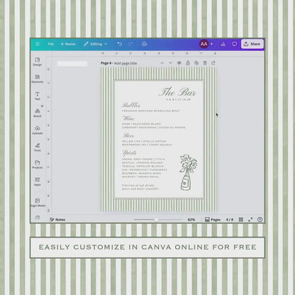 Green Striped Wedding Bar Menu Template