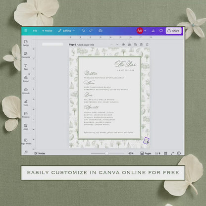 Southern Toile Wedding Bar Menu Template