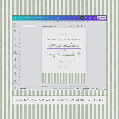 Green Striped Wedding Welcome Sign Template