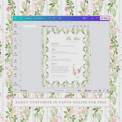 Hand-Painted Floral Wedding Bar Menu Template