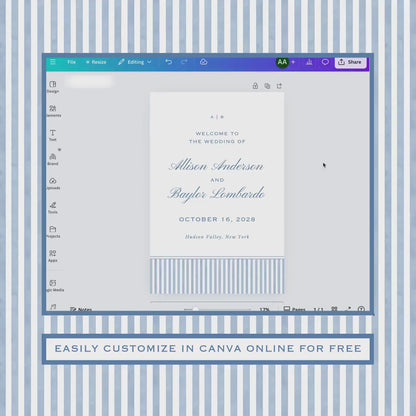 Blue Striped Wedding Welcome Sign Template