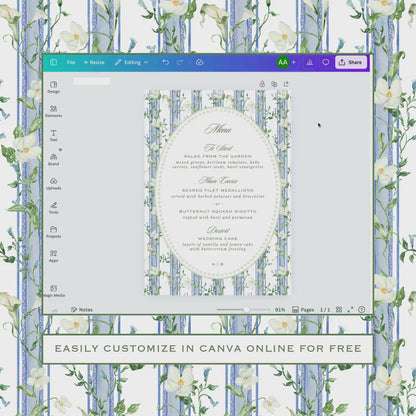 Blue, White & Green Wedding Menu Template
