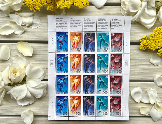 Sheet of 20 Vintage Winter Olympic Postage Stamps