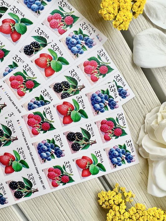 Vintage Fruit Berry Postage Stamps - 1999 Strawberries, Blueberries, Raspberries, Blackberries