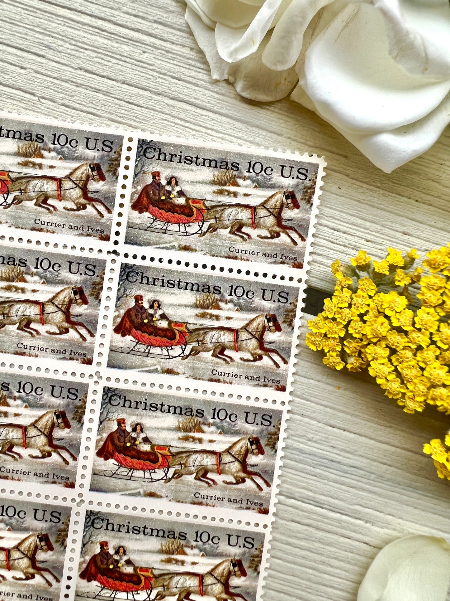 12 Sleigh & Horse Christmas Stamps - Vintage Currier & Ives Holiday Stamps for Mailing from 1974