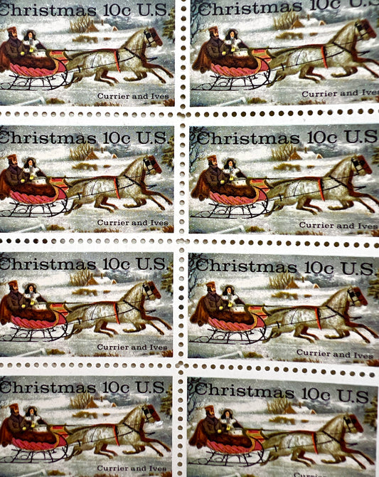 12 Sleigh & Horse Christmas Stamps - Vintage Currier & Ives Holiday Stamps for Mailing from 1974