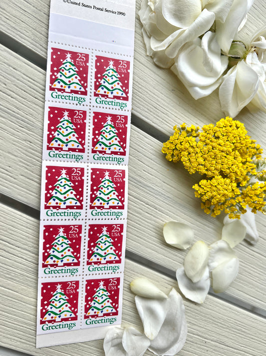 Booklet of 20 Christmas Tree Stamps - Vintage Season's Greetings Stamps for Mailing from 1990