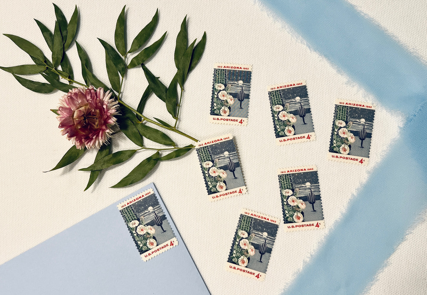 40 Vintage Arizona Postage Stamps - 1962 Blue Night Desert Scene with Florals, Moon and Cactus - Arizona Wedding Invitation Stamps