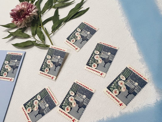40 Vintage Arizona Postage Stamps - 1962 Blue Night Desert Scene with Florals, Moon and Cactus - Arizona Wedding Invitation Stamps