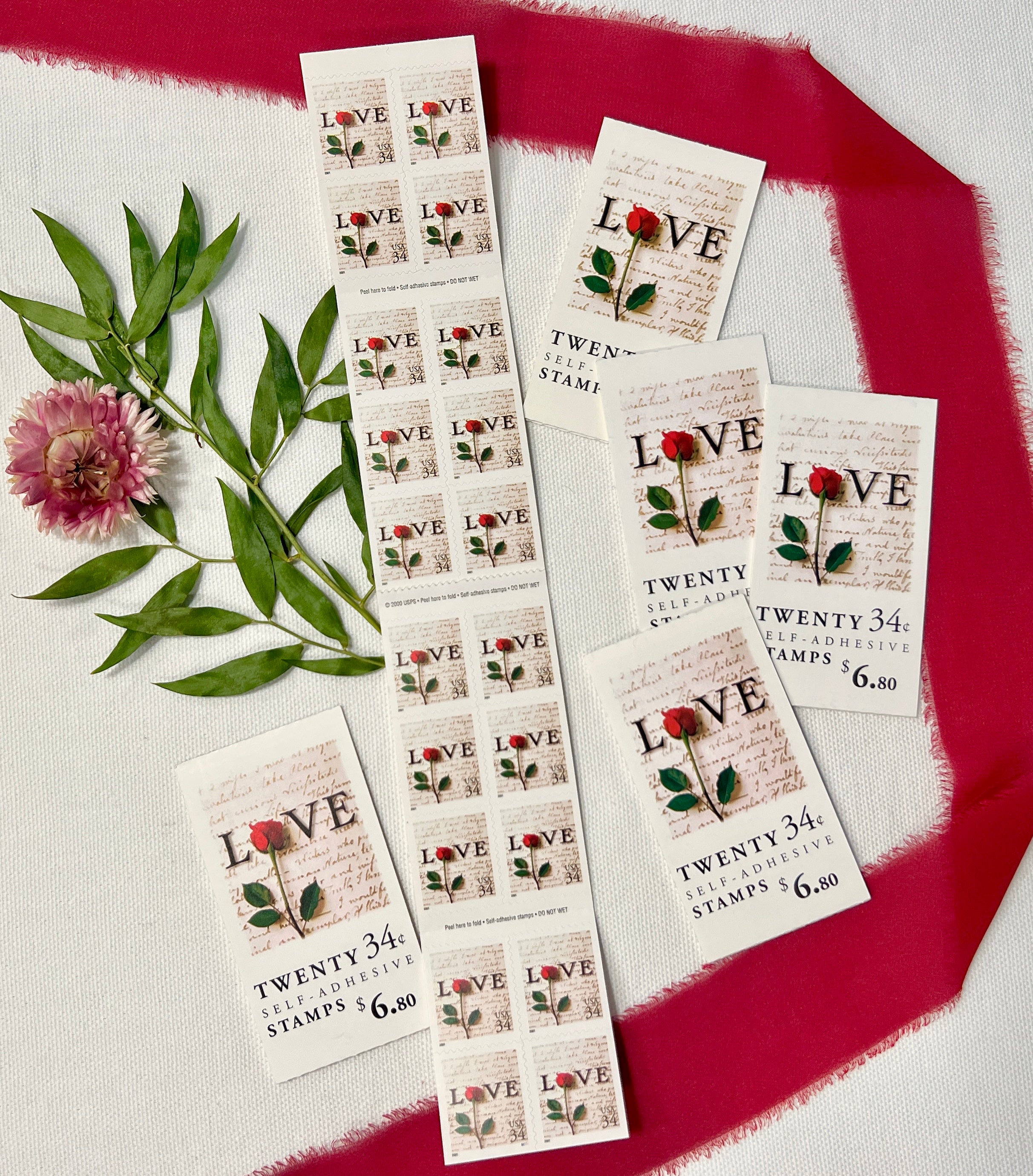 Love Letter Red Rose USPS Stamps Vintage Floral Postage Stamps