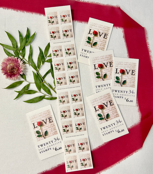 Love Letter Red Rose USPS Stamps - Vintage Floral Postage Stamps For Wedding - Booklet of 20 Additional Ounce Stamps