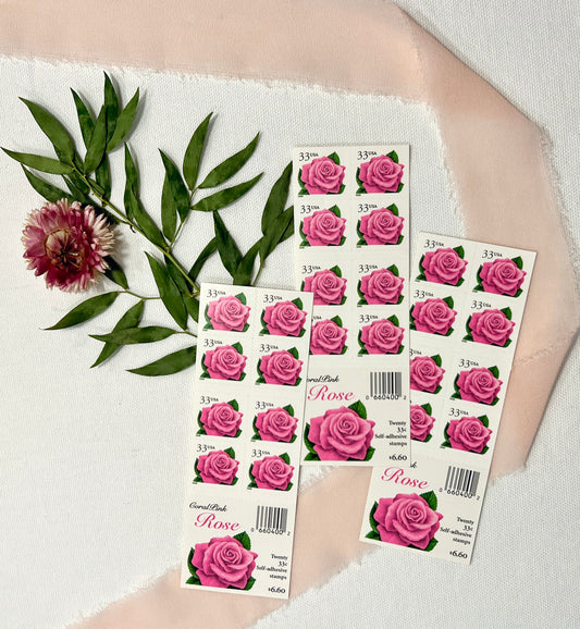 Vintage Coral Pink Rose Postage Stamps - 60 USPS Stamps For Wedding Invites - Additional Ounce Flower