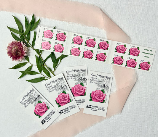 Vintage Coral Pink Rose Postage Stamps - Booklet of 15 USPS Stamps For Wedding Invites - Additional Ounce Flower