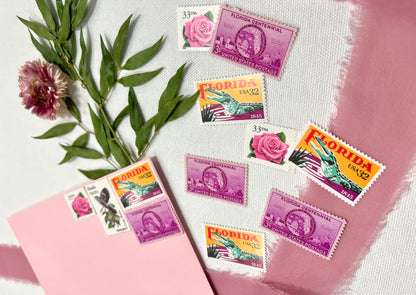 Vintage Florida Postage Stamp Set - State Flower & Bird, Gator, Pink Coral Rose